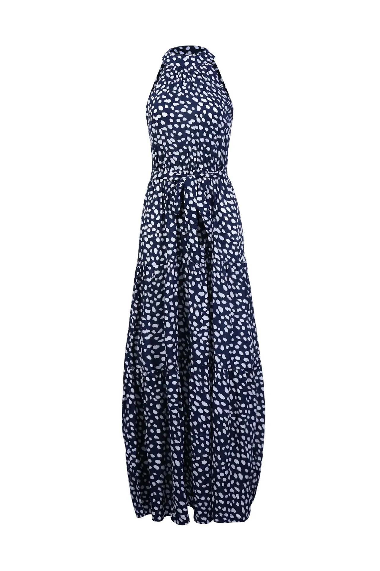 Royal Blue Wave Bohemian Boho Printed Hanging Neck Straps Maxi Dresses