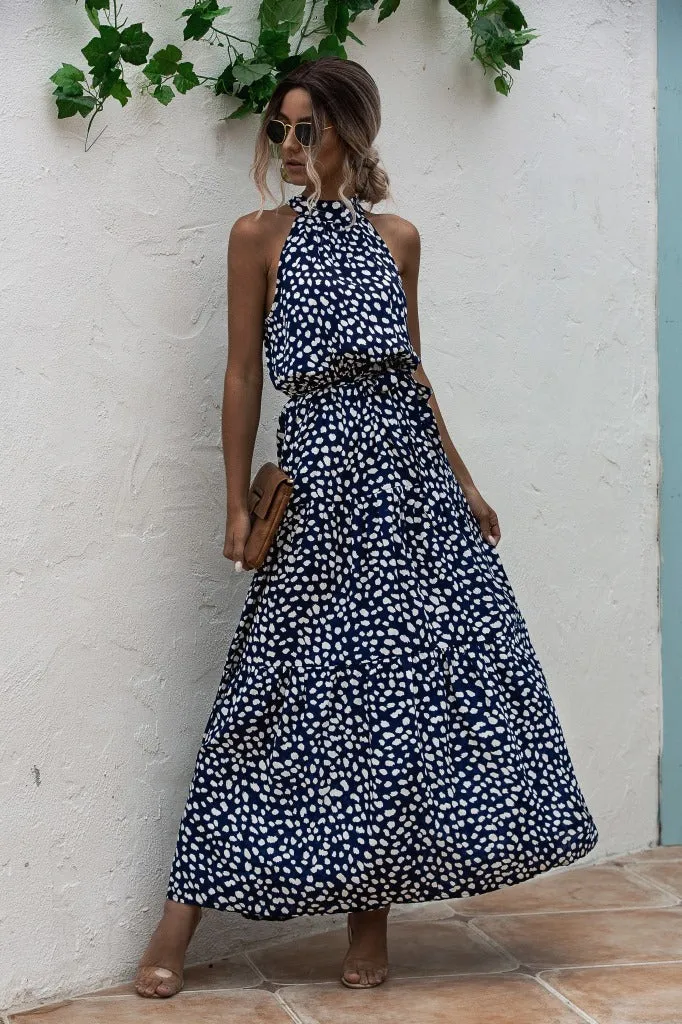 Royal Blue Wave Bohemian Boho Printed Hanging Neck Straps Maxi Dresses