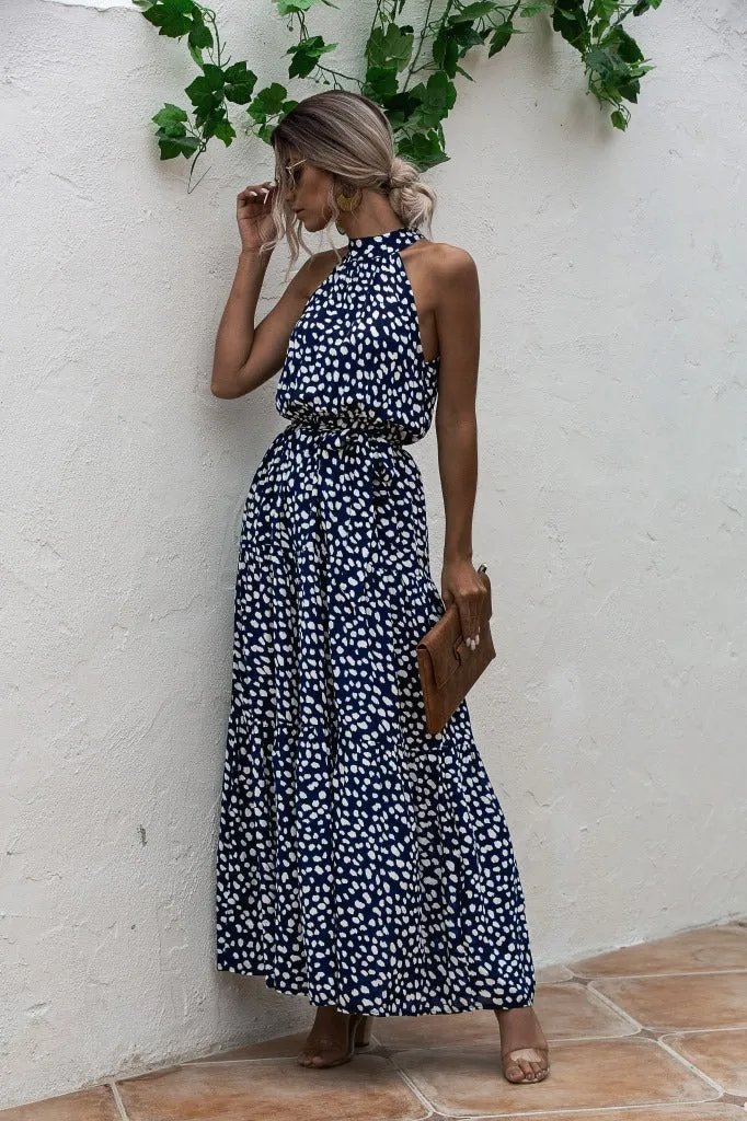 Royal Blue Wave Bohemian Boho Printed Hanging Neck Straps Maxi Dresses