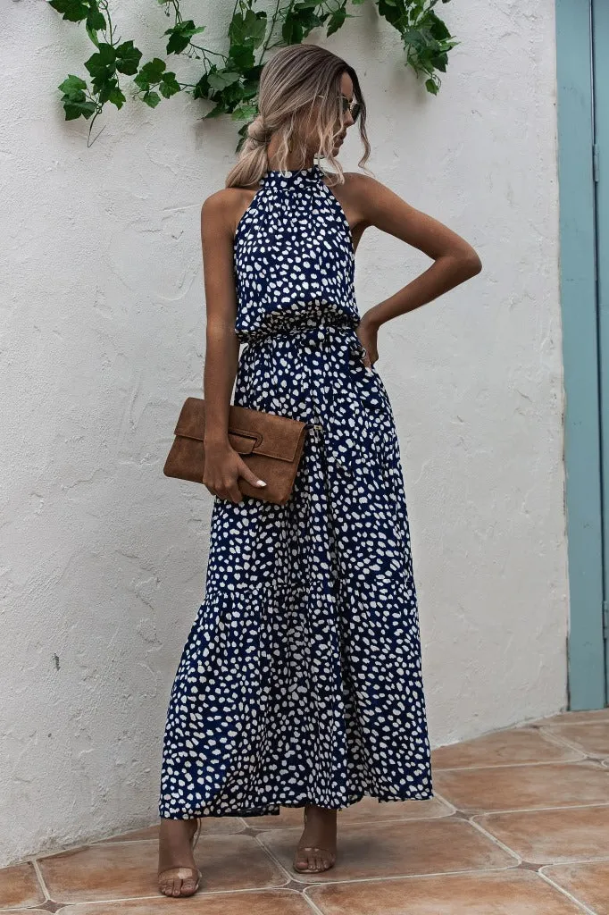 Royal Blue Wave Bohemian Boho Printed Hanging Neck Straps Maxi Dresses
