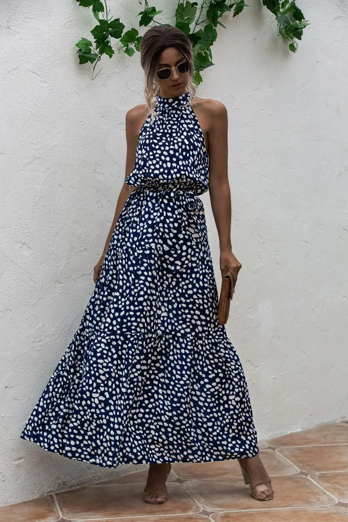 Royal Blue Wave Bohemian Boho Printed Hanging Neck Straps Maxi Dresses
