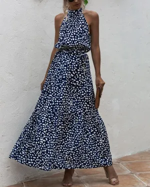 Royal Blue Wave Bohemian Boho Printed Hanging Neck Straps Maxi Dresses