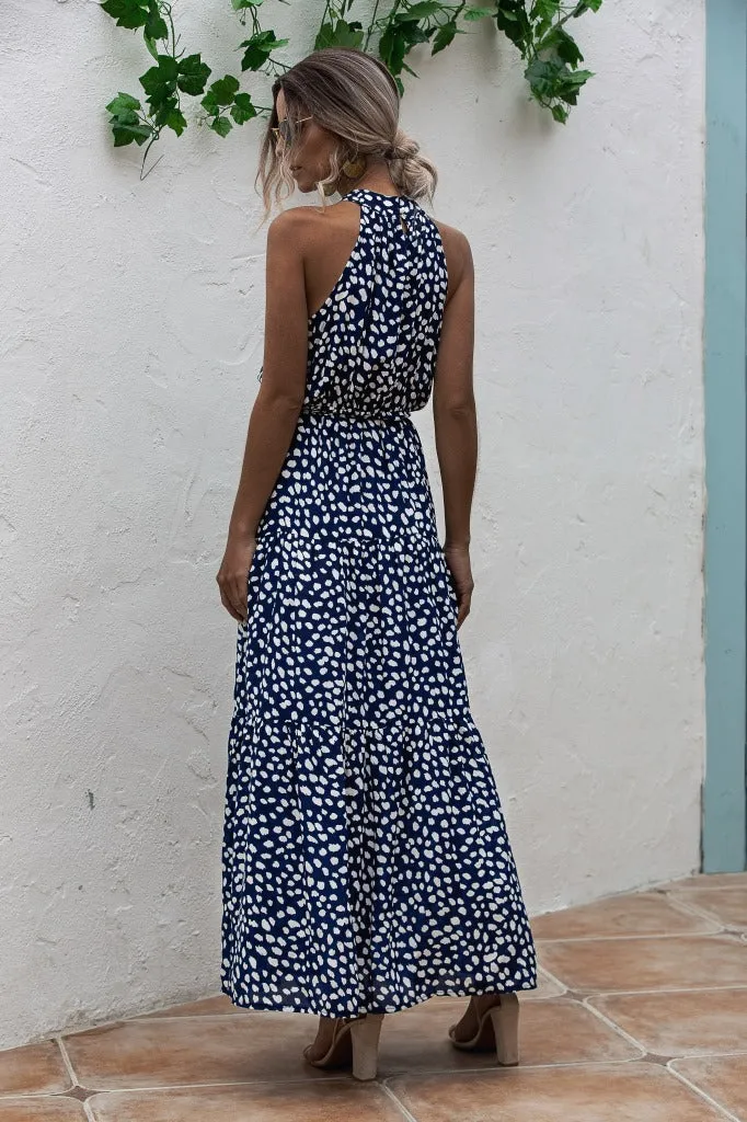 Royal Blue Wave Bohemian Boho Printed Hanging Neck Straps Maxi Dresses