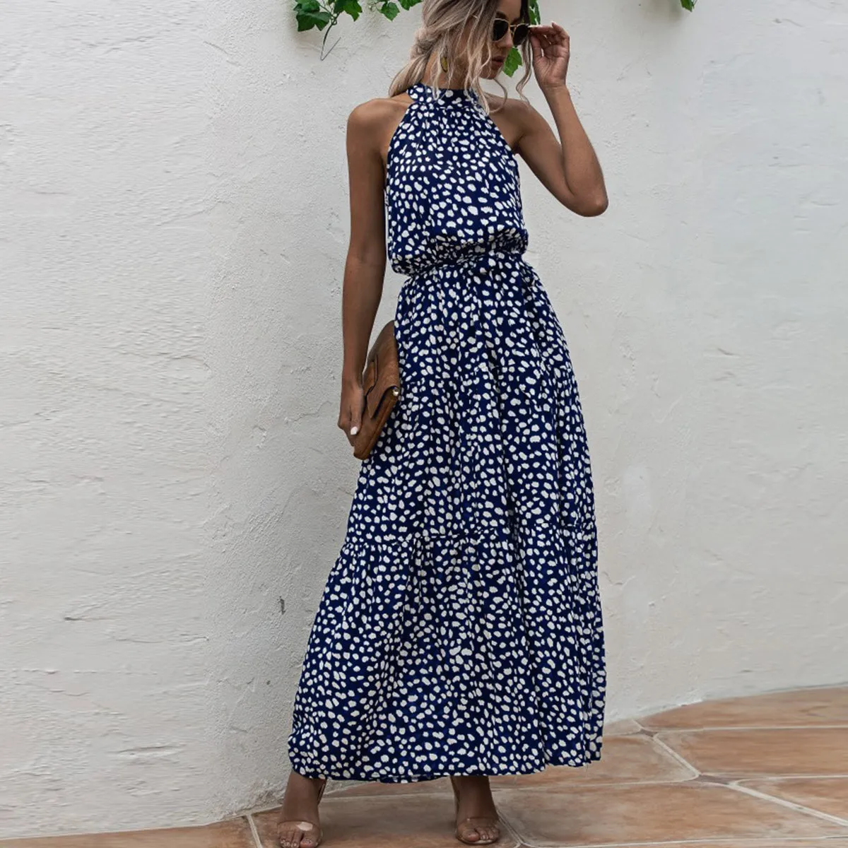 Royal Blue Wave Bohemian Boho Printed Hanging Neck Straps Maxi Dresses