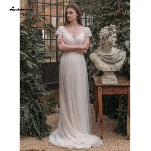Roycebridal Sexy Backless Lace V Shape Back Short Sleeve Wedding Dresses