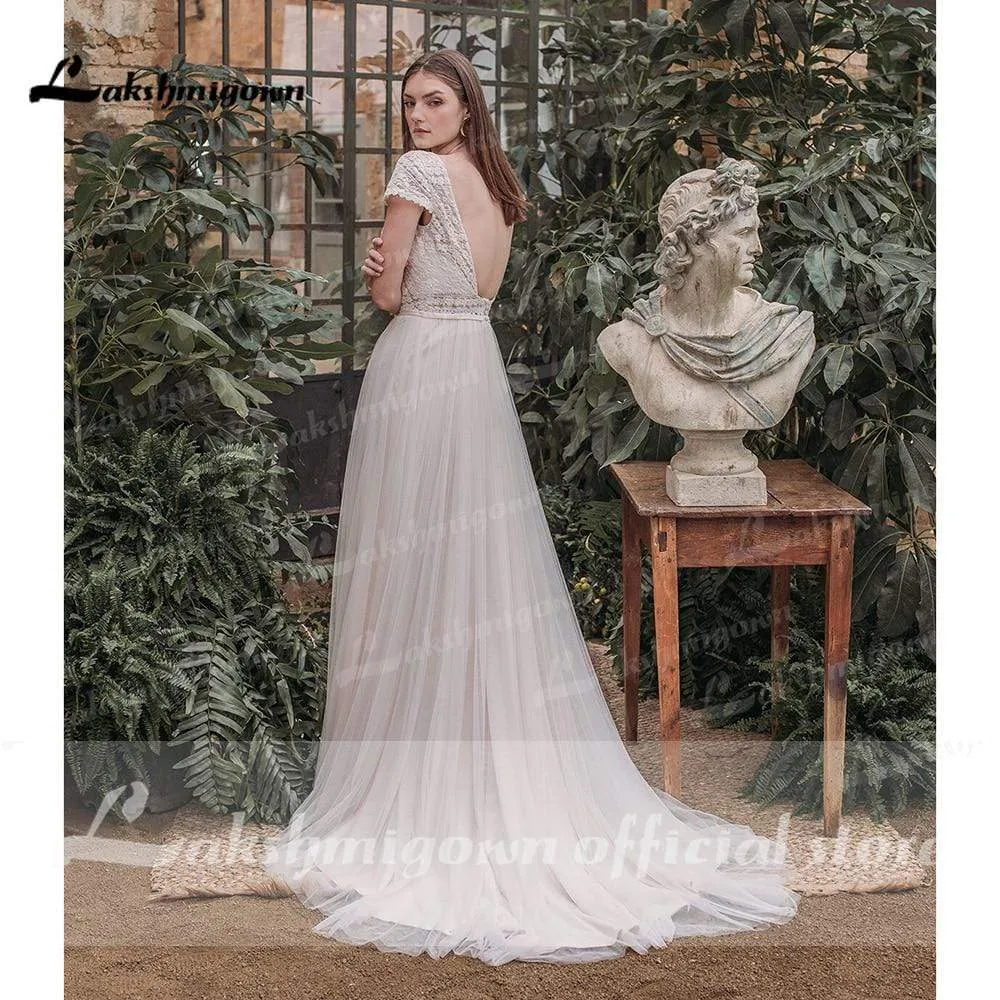 Roycebridal Sexy Backless Lace V Shape Back Short Sleeve Wedding Dresses