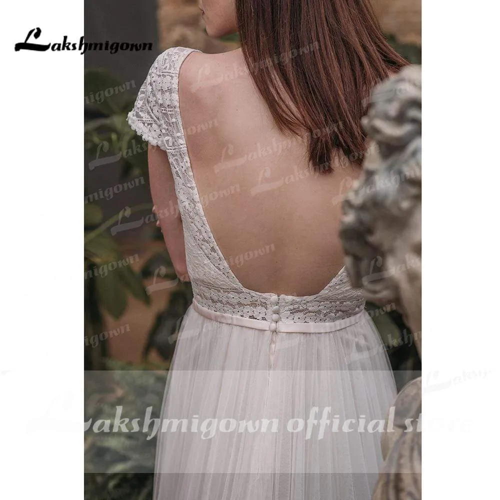 Roycebridal Sexy Backless Lace V Shape Back Short Sleeve Wedding Dresses