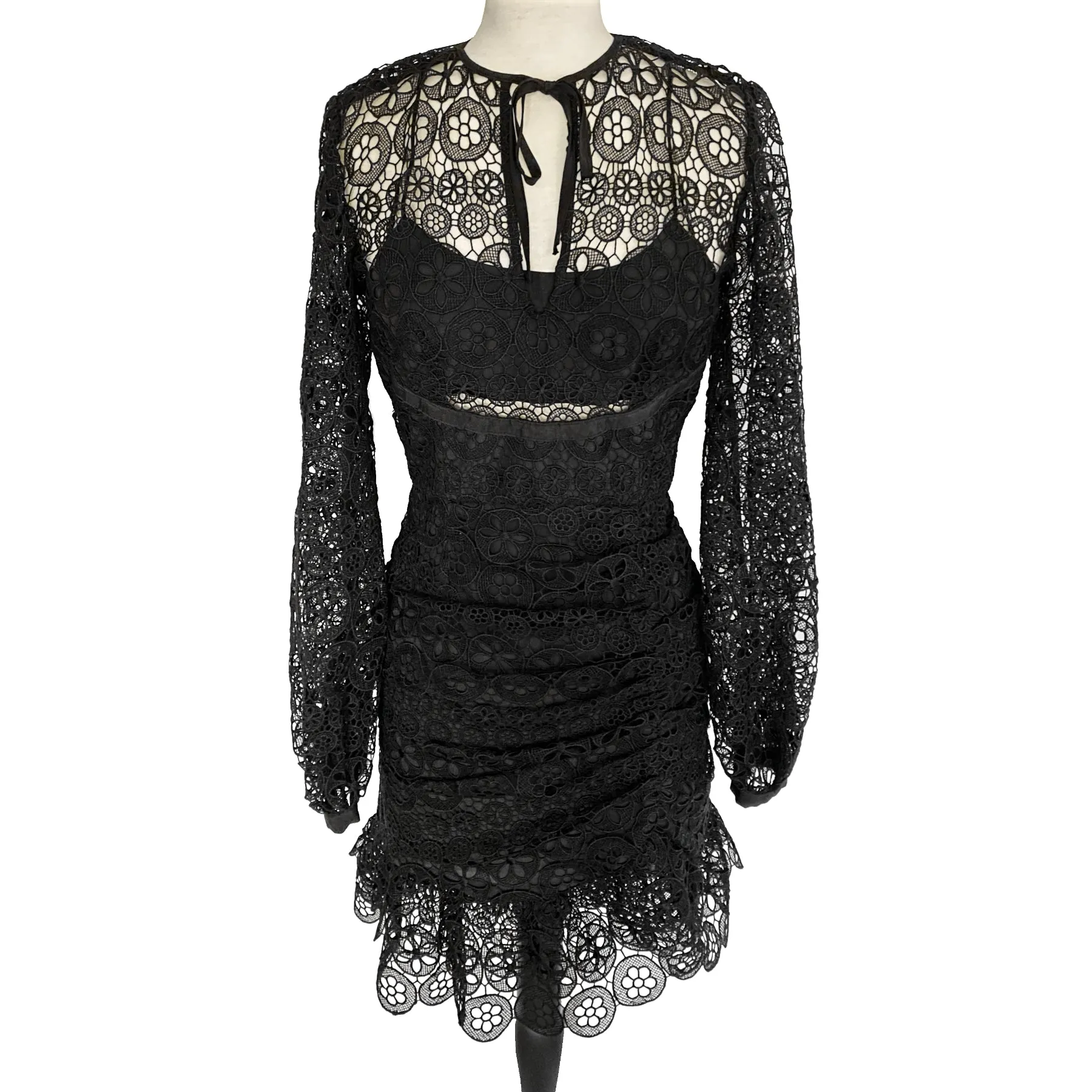 Self Portrait Black Long Sleeve Circle Floral Lace Mini Dress Size US 4