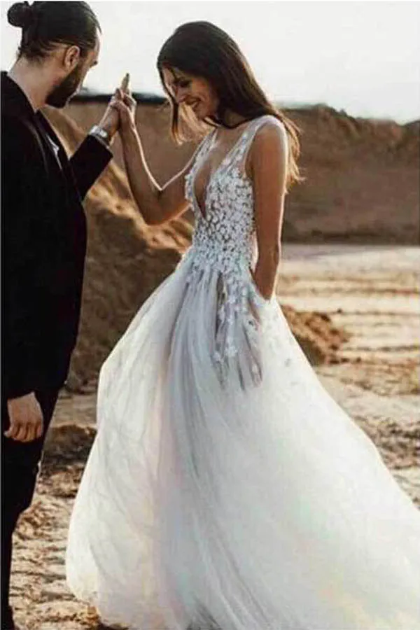 Sexy Tulle See-Through A-line V Neck Beach Wedding Dresses with Slit, MW261