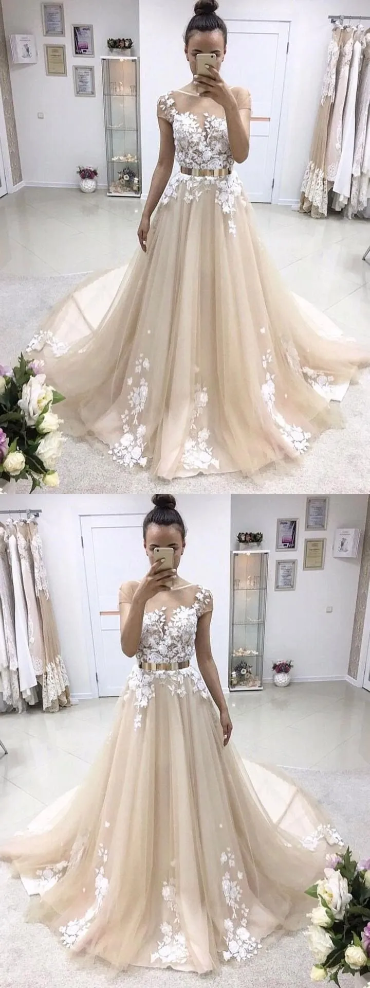 Short Sleeve Illusion Lace A-line Cheap Wedding Dresses Online, WD347
