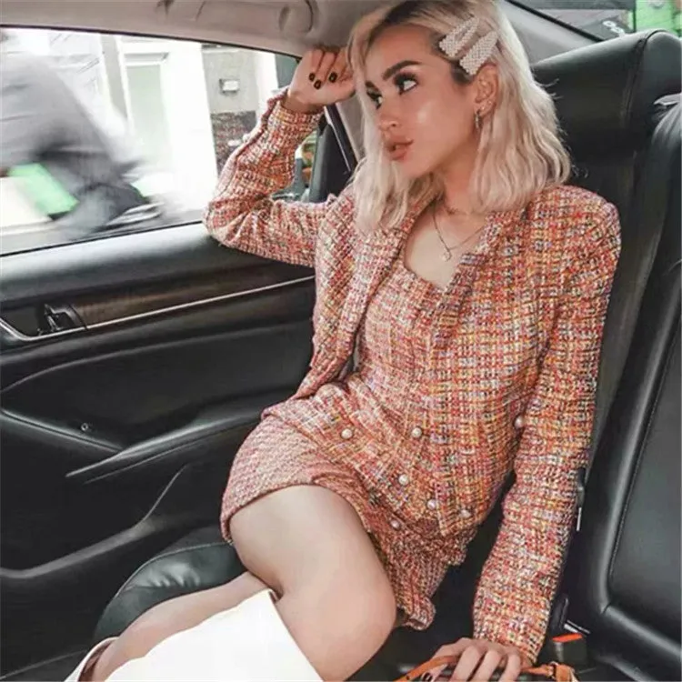 Single-breasted Woolen Coat Cardigan Mini Dress Short Skirt Two Pieces