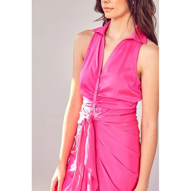 SLEEVELESS COLLAR FRONT TIE DRESS