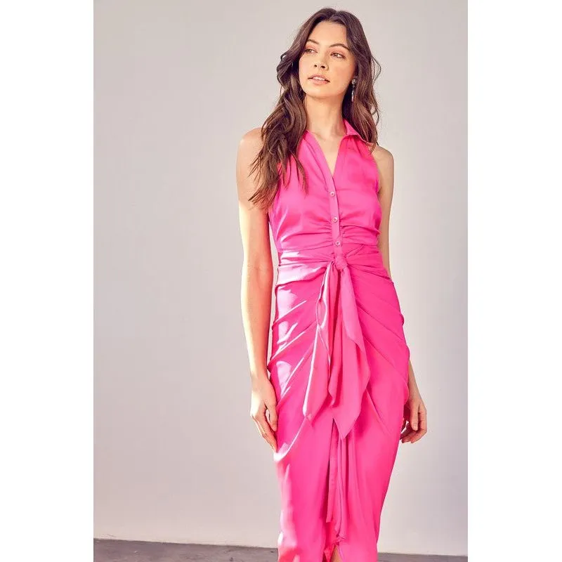 SLEEVELESS COLLAR FRONT TIE DRESS