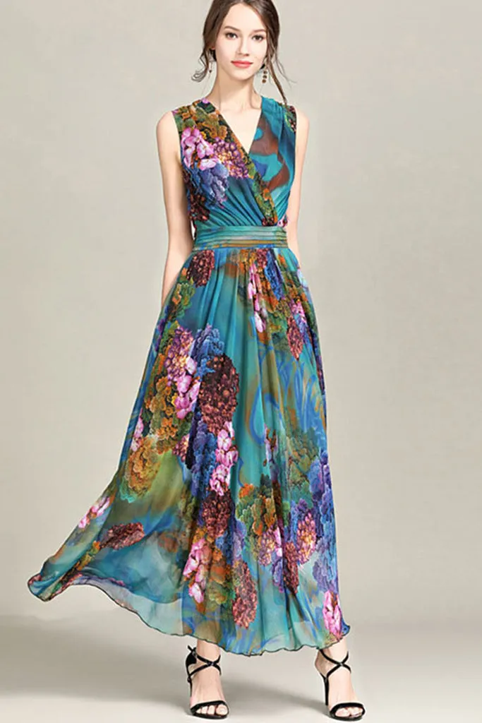 SLEEVELESS FLORAL SURPLICE DRESS