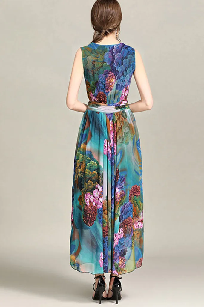 SLEEVELESS FLORAL SURPLICE DRESS