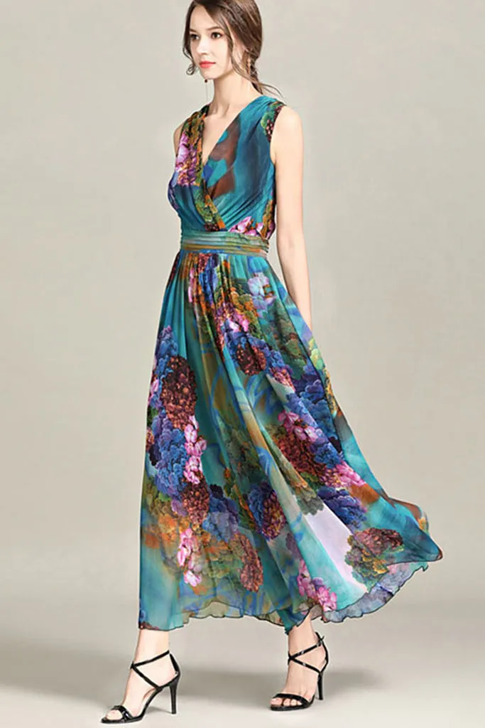SLEEVELESS FLORAL SURPLICE DRESS