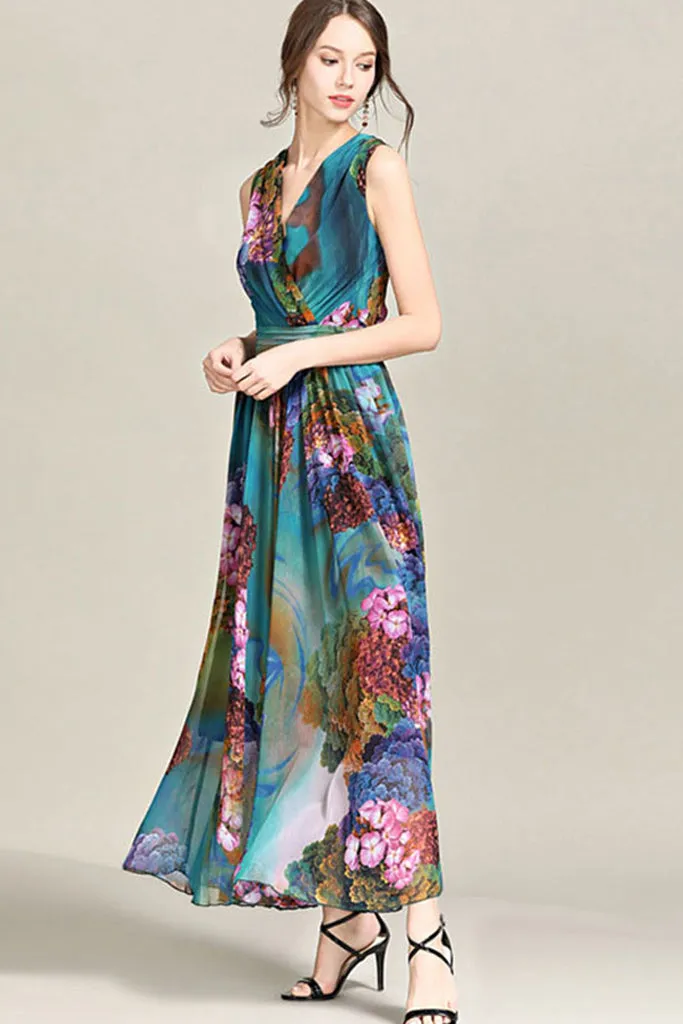 SLEEVELESS FLORAL SURPLICE DRESS
