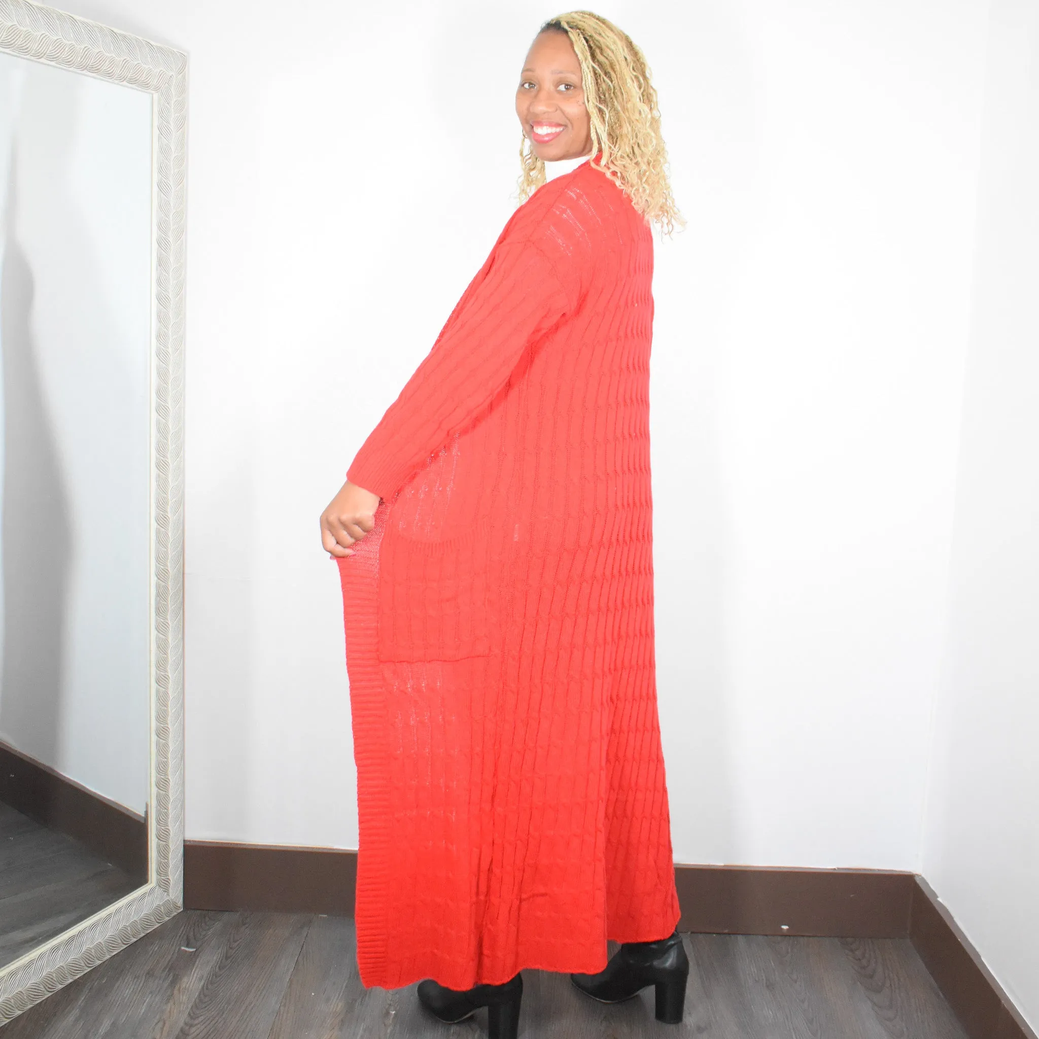 Staying In | Knit Long Cardigan Sweater - Red