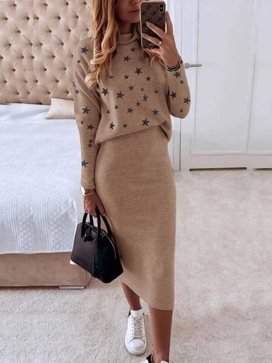 Stunncal Star Print Knit Skirt Sets