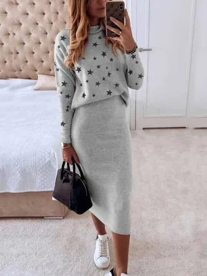 Stunncal Star Print Knit Skirt Sets
