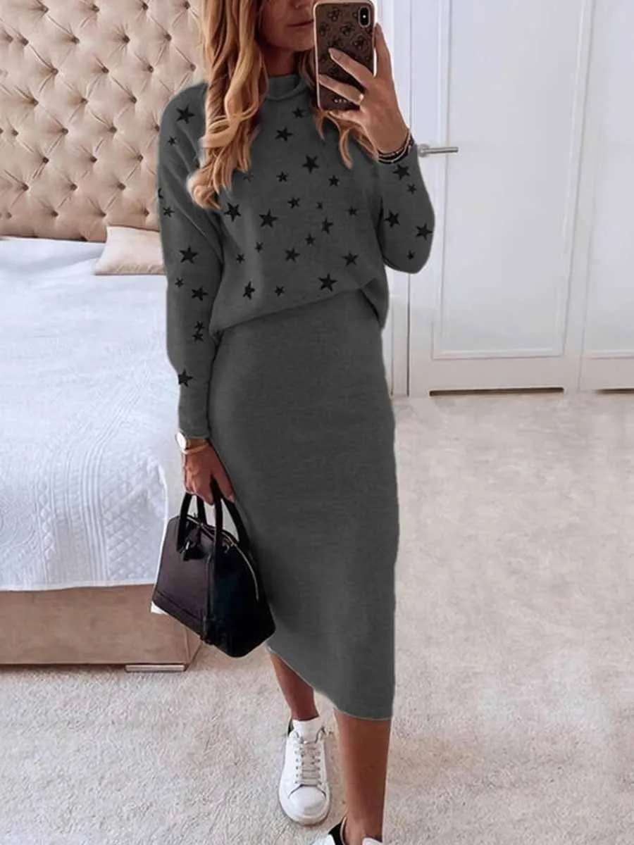 Stunncal Star Print Knit Skirt Sets