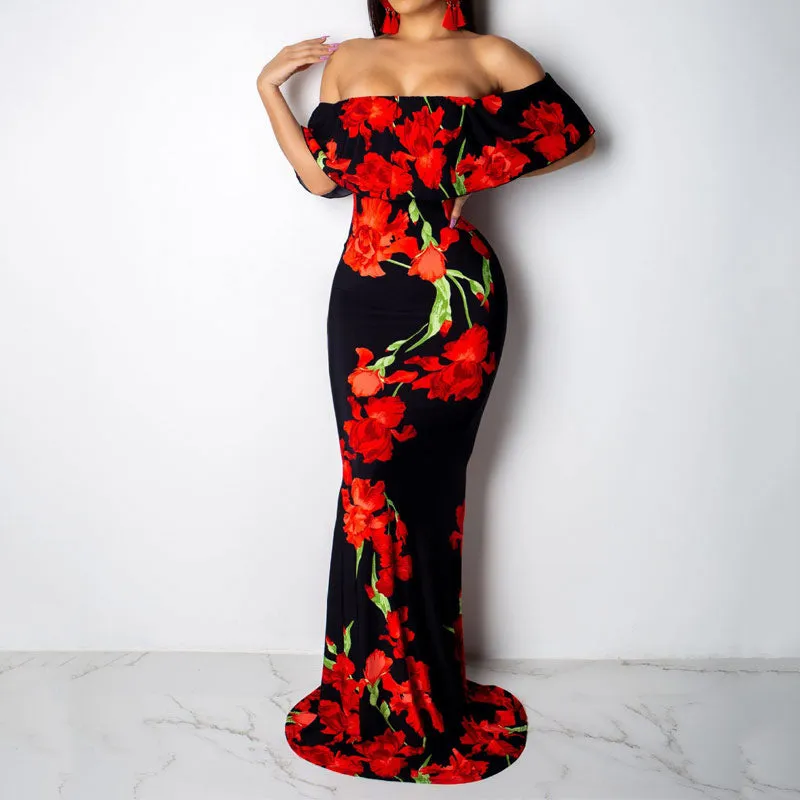 Sunflower Print Off Shoulder Maxi Dress
