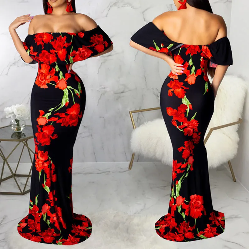 Sunflower Print Off Shoulder Maxi Dress