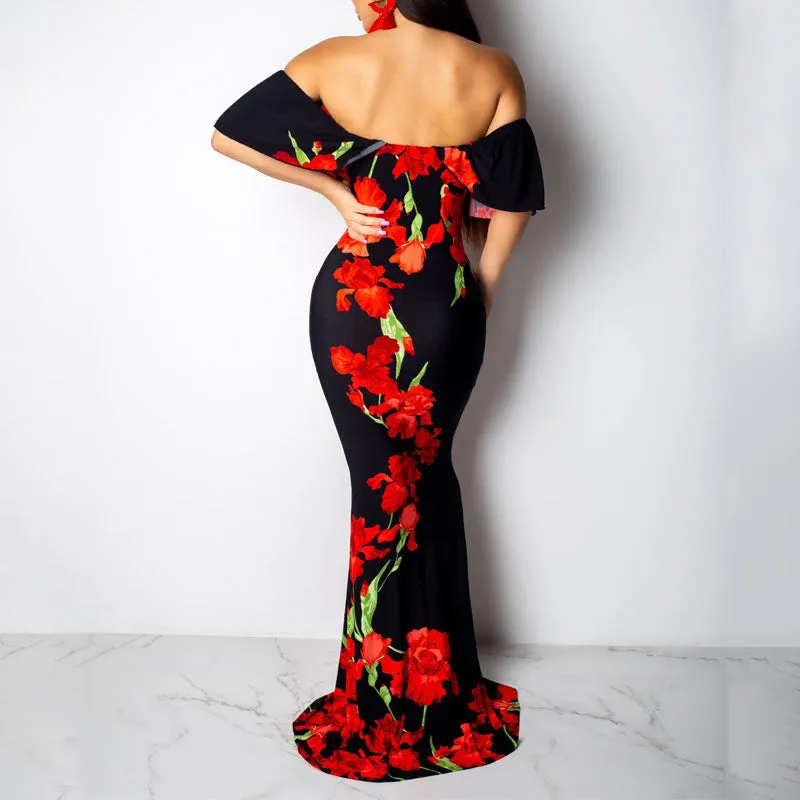 Sunflower Print Off Shoulder Maxi Dress