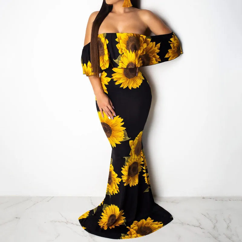 Sunflower Print Off Shoulder Maxi Dress