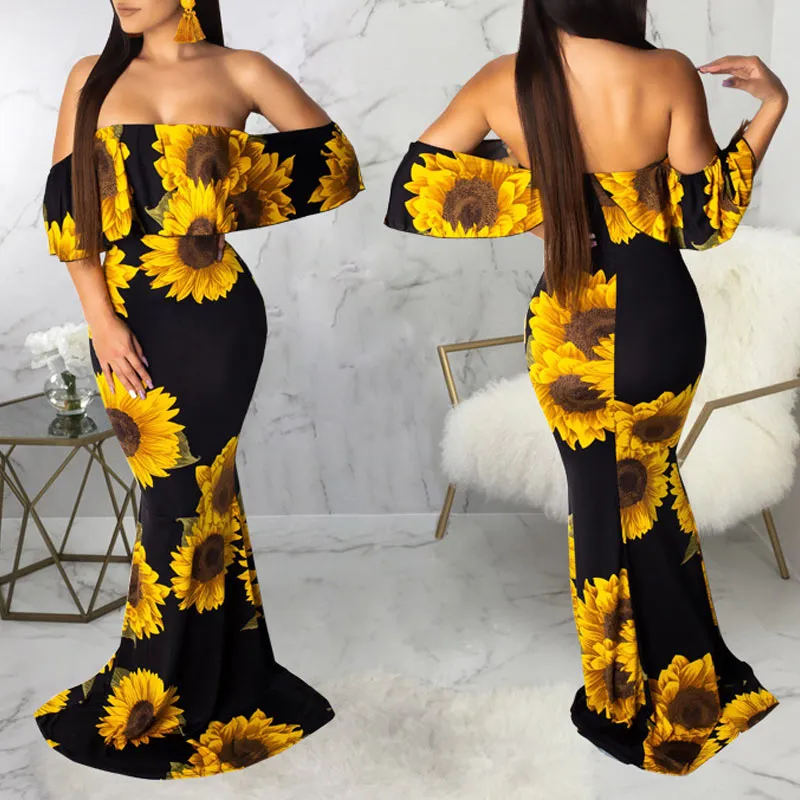 Sunflower Print Off Shoulder Maxi Dress