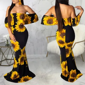 Sunflower Print Off Shoulder Maxi Dress