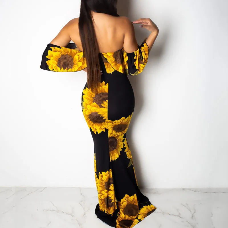 Sunflower Print Off Shoulder Maxi Dress