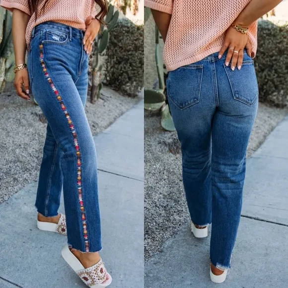 Sz 25 Driftwood Royce Straight Crop Jeans In Kaleidoscope Embroidery GUC