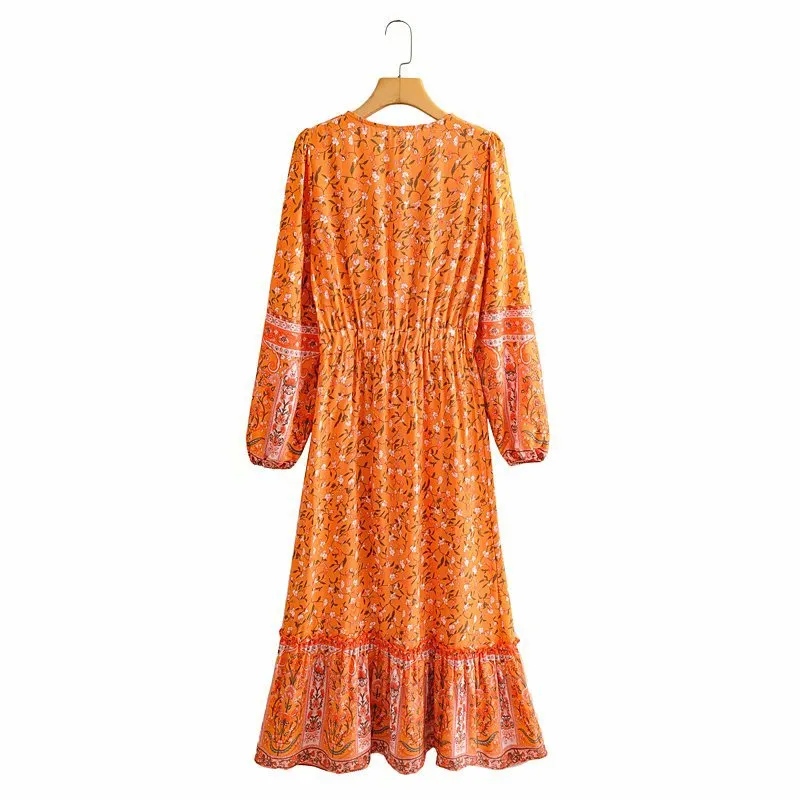 Tassel Lacing Elastic Waist Floral Maxi Dresses