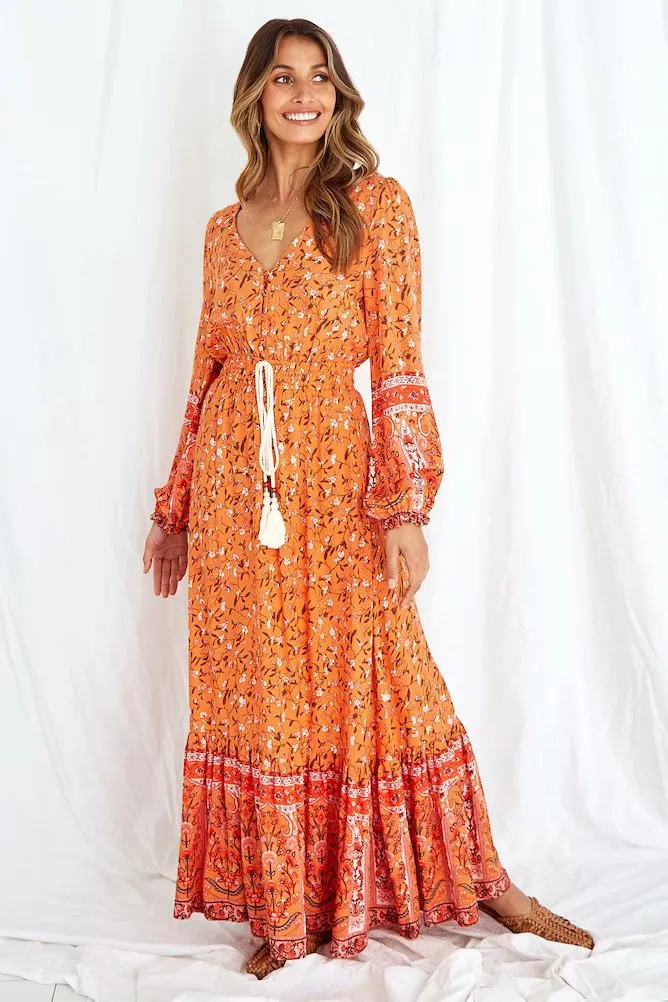 Tassel Lacing Elastic Waist Floral Maxi Dresses