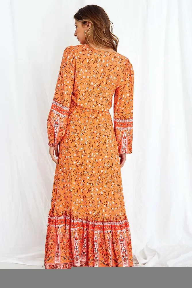 Tassel Lacing Elastic Waist Floral Maxi Dresses