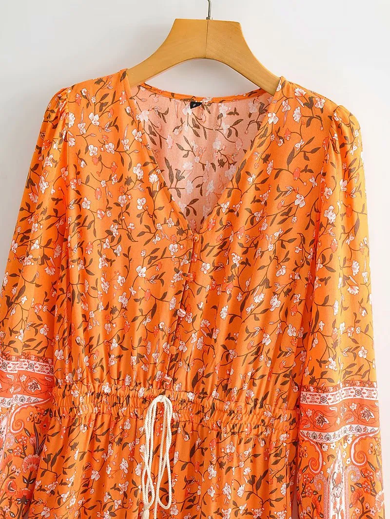 Tassel Lacing Elastic Waist Floral Maxi Dresses