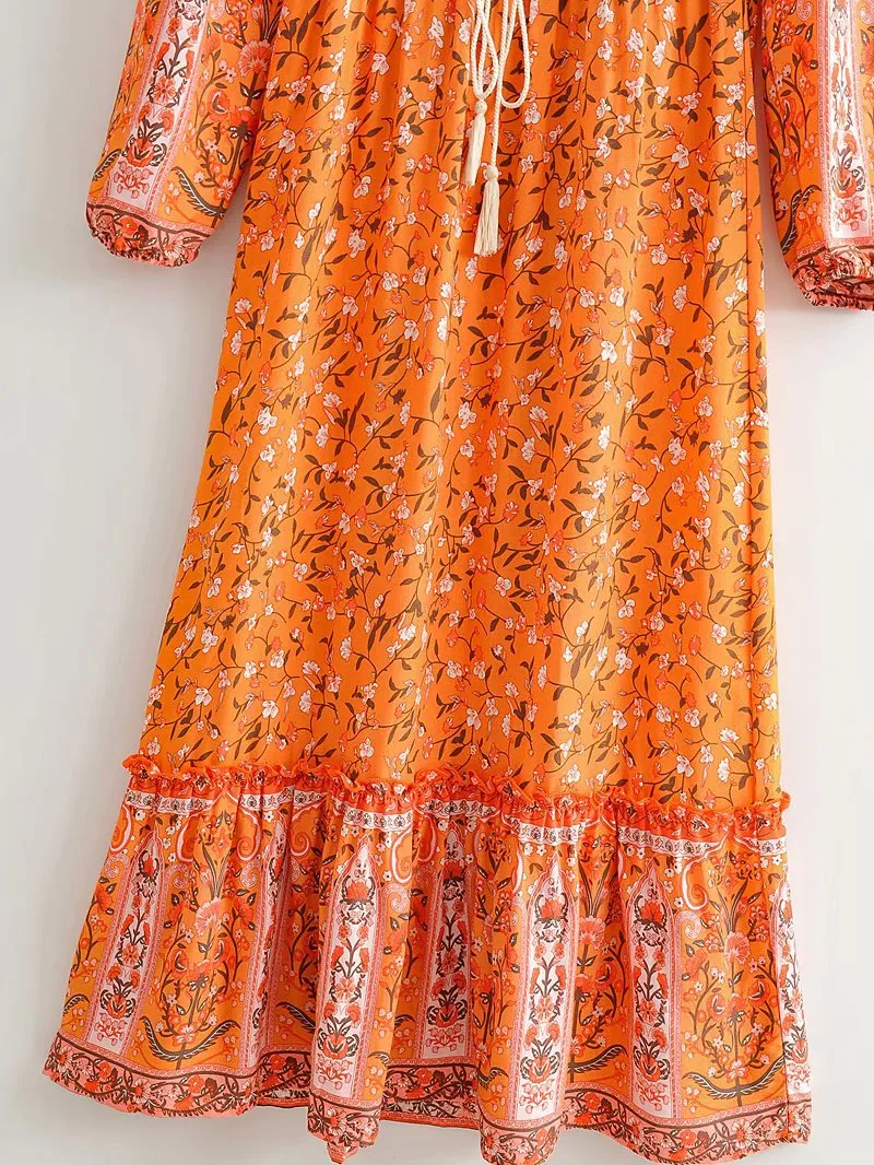 Tassel Lacing Elastic Waist Floral Maxi Dresses