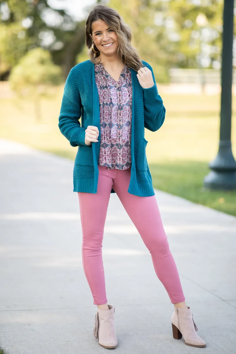 Teal Waffle Knit Cardigan With Pockets