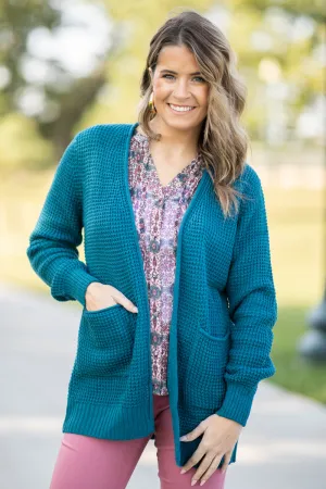 Teal Waffle Knit Cardigan With Pockets