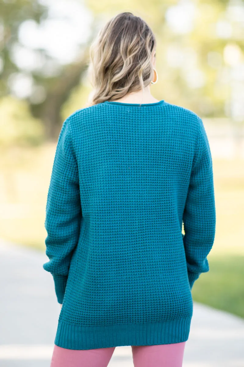 Teal Waffle Knit Cardigan With Pockets