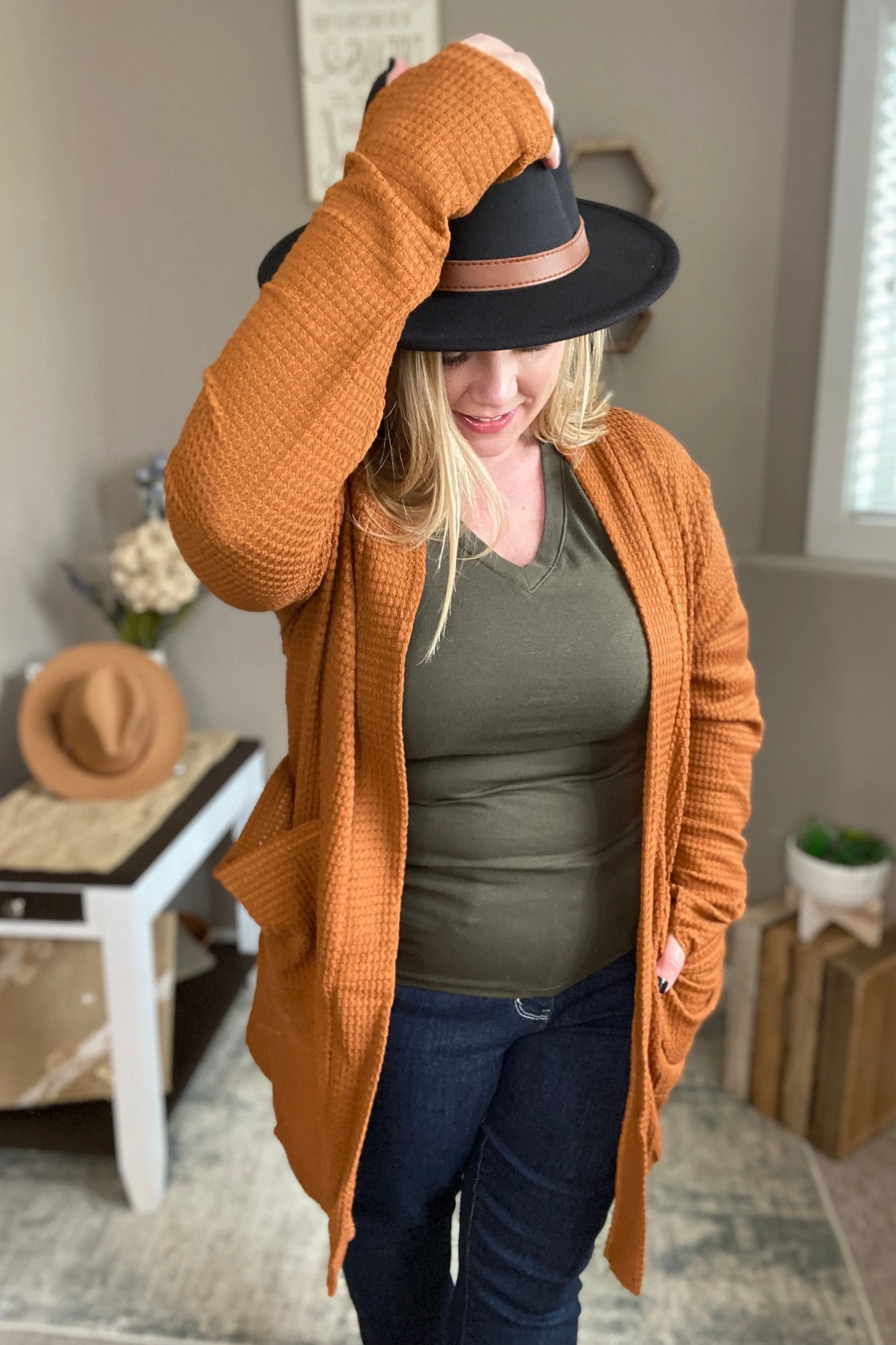 Toffee Waffle Knit Thumbhole Cardigan