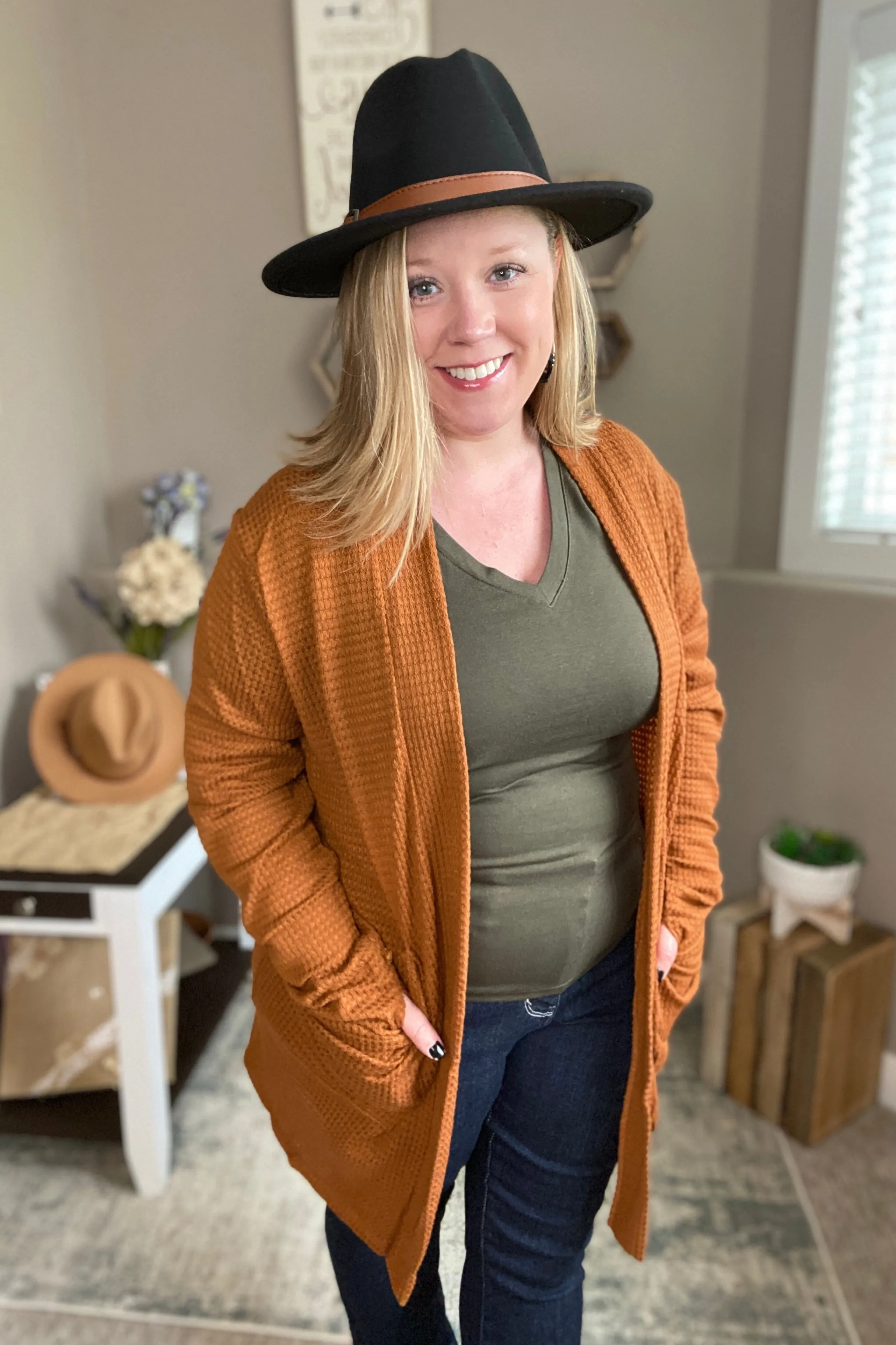 Toffee Waffle Knit Thumbhole Cardigan