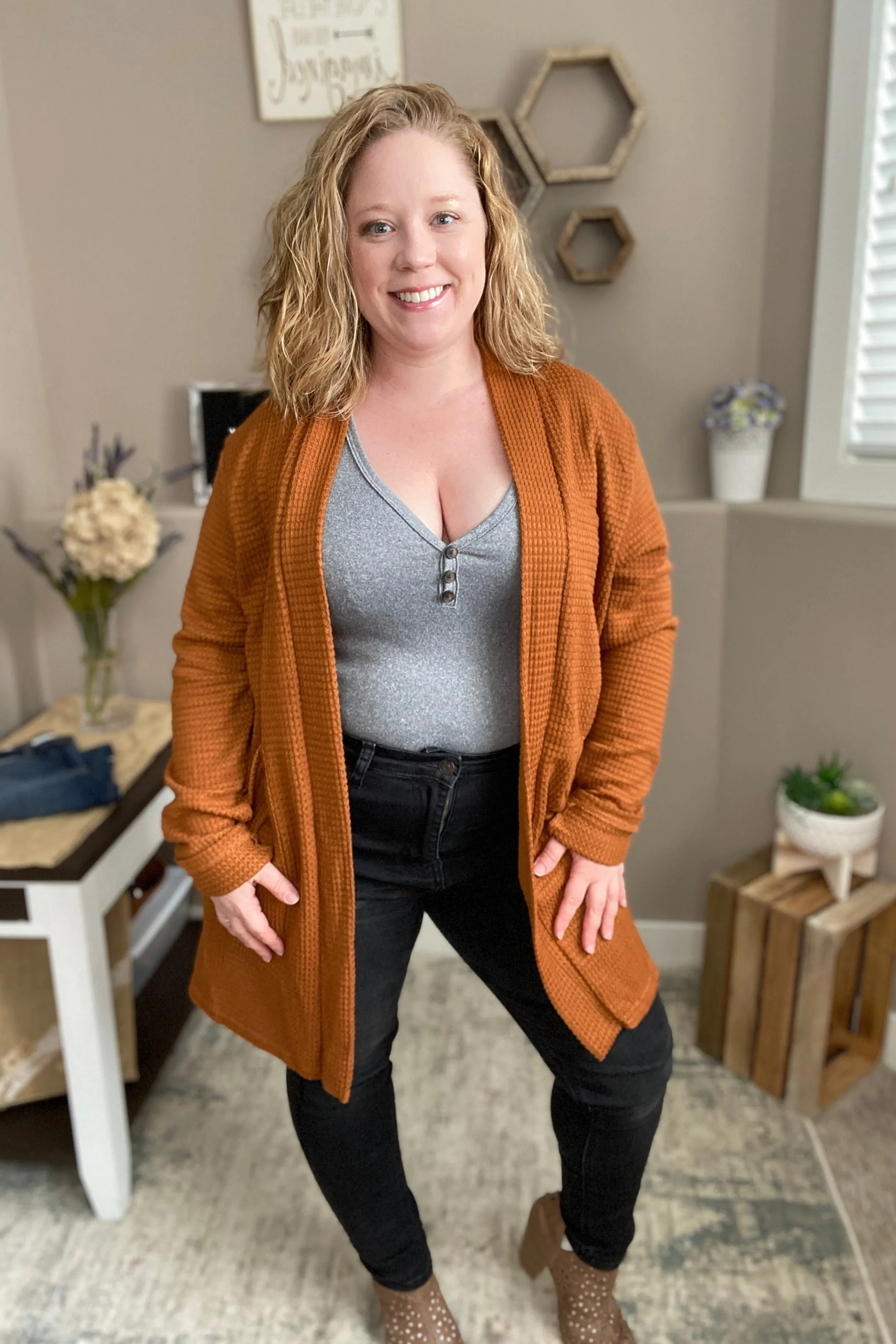 Toffee Waffle Knit Thumbhole Cardigan