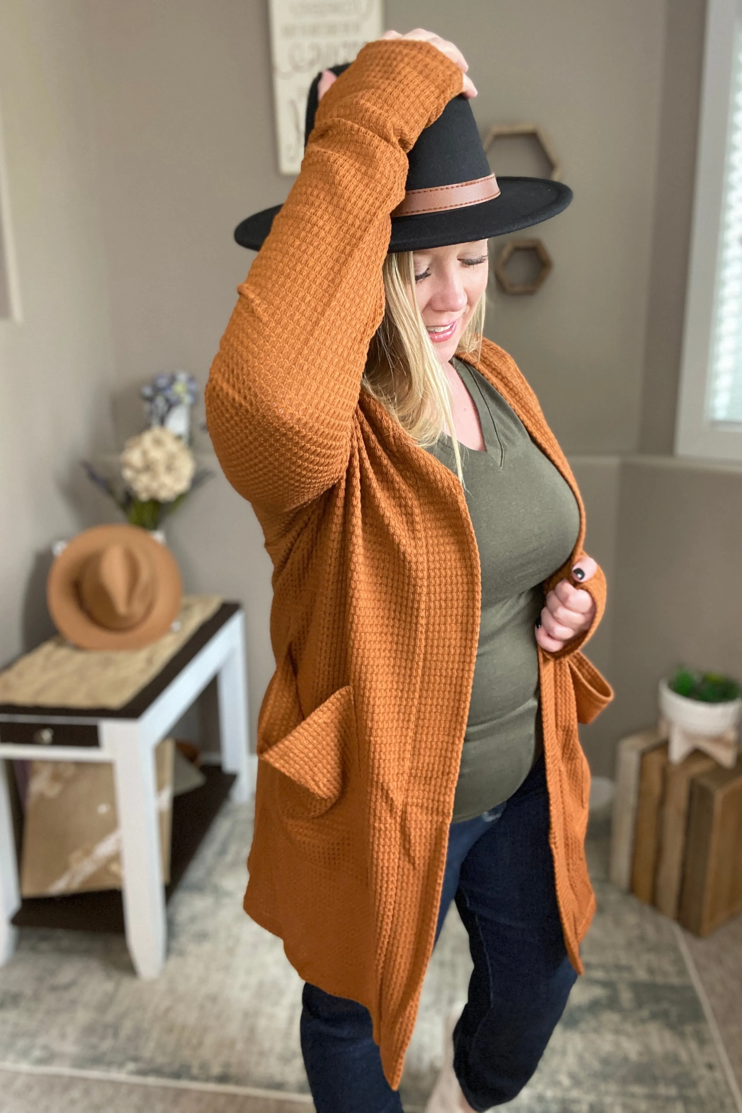 Toffee Waffle Knit Thumbhole Cardigan