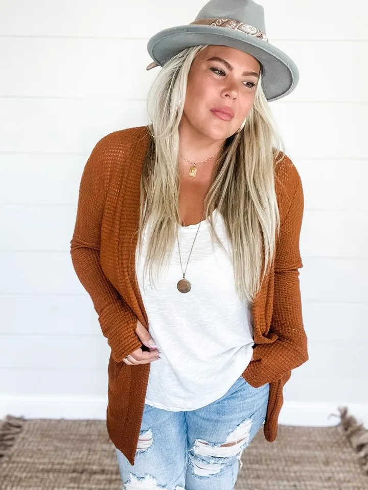 Toffee Waffle Knit Thumbhole Cardigan