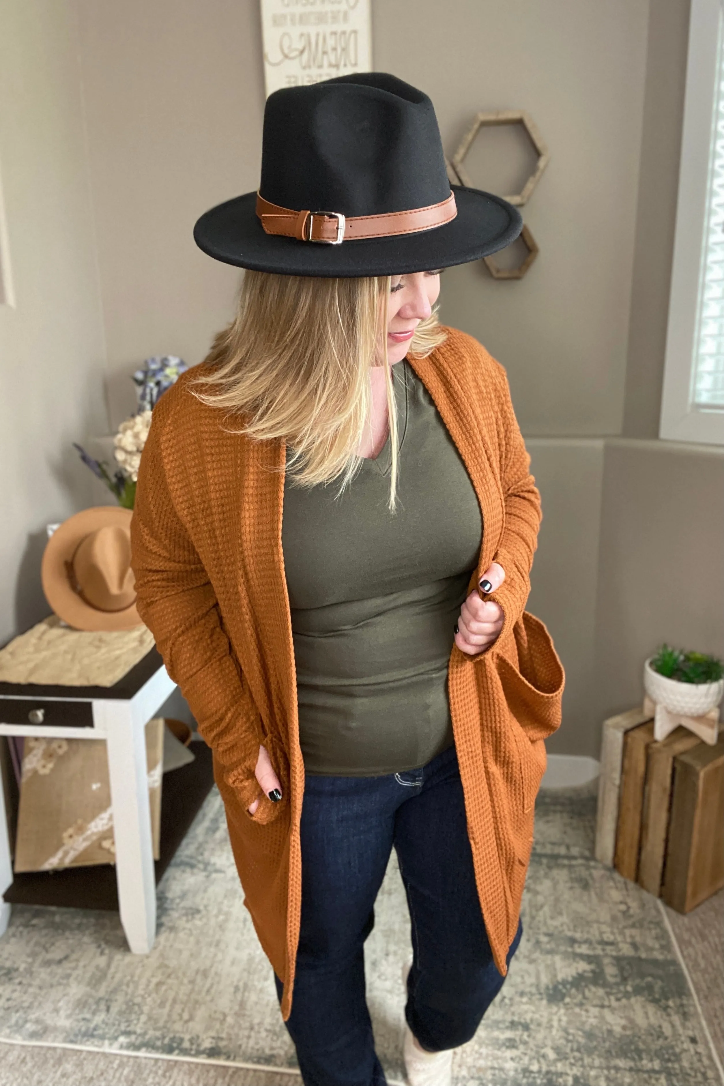 Toffee Waffle Knit Thumbhole Cardigan
