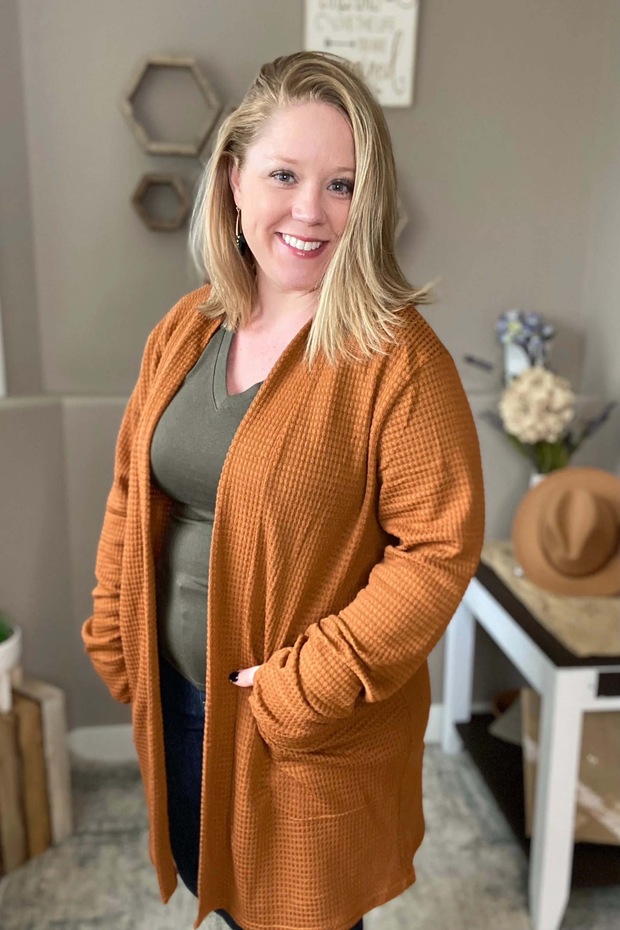Toffee Waffle Knit Thumbhole Cardigan