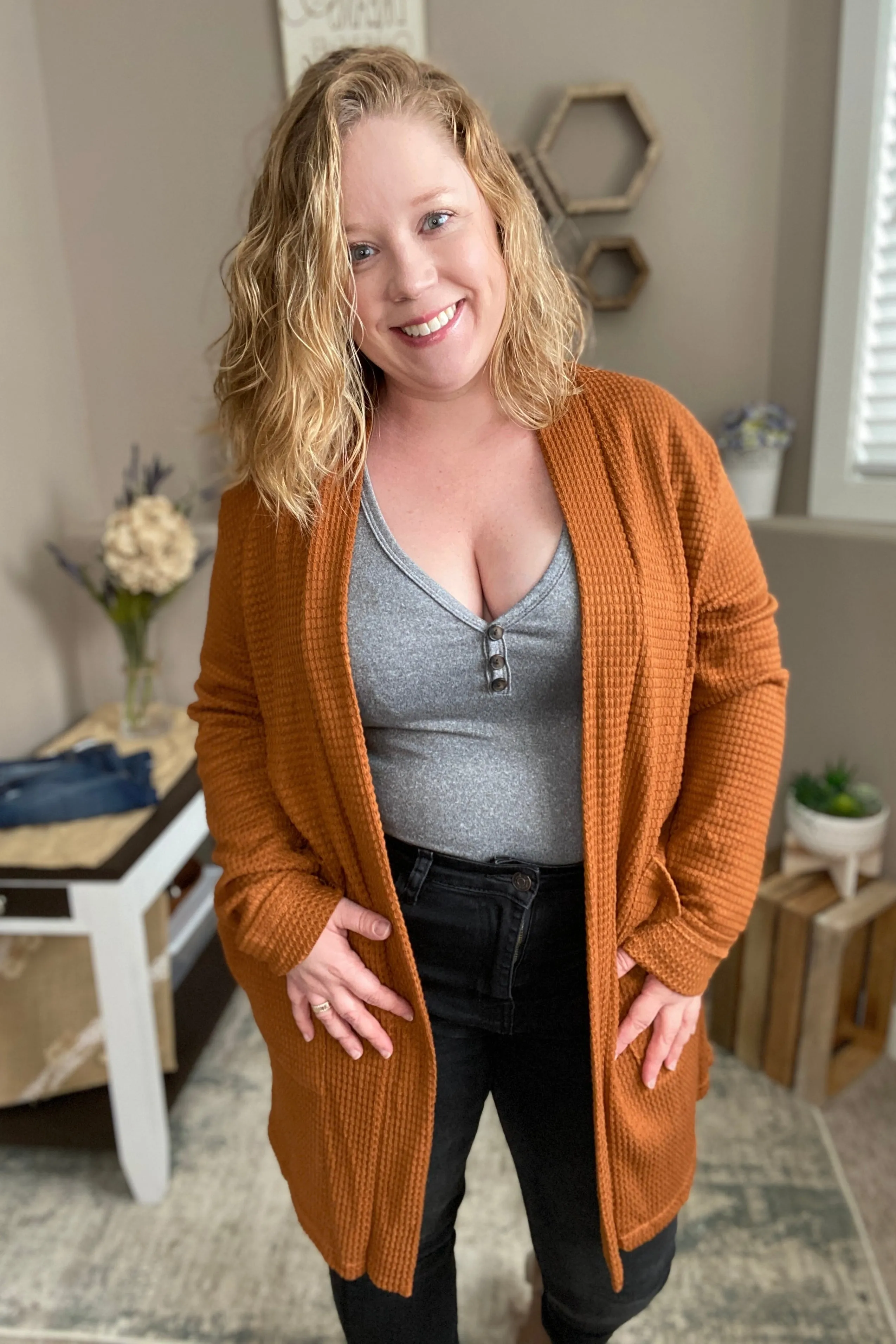 Toffee Waffle Knit Thumbhole Cardigan