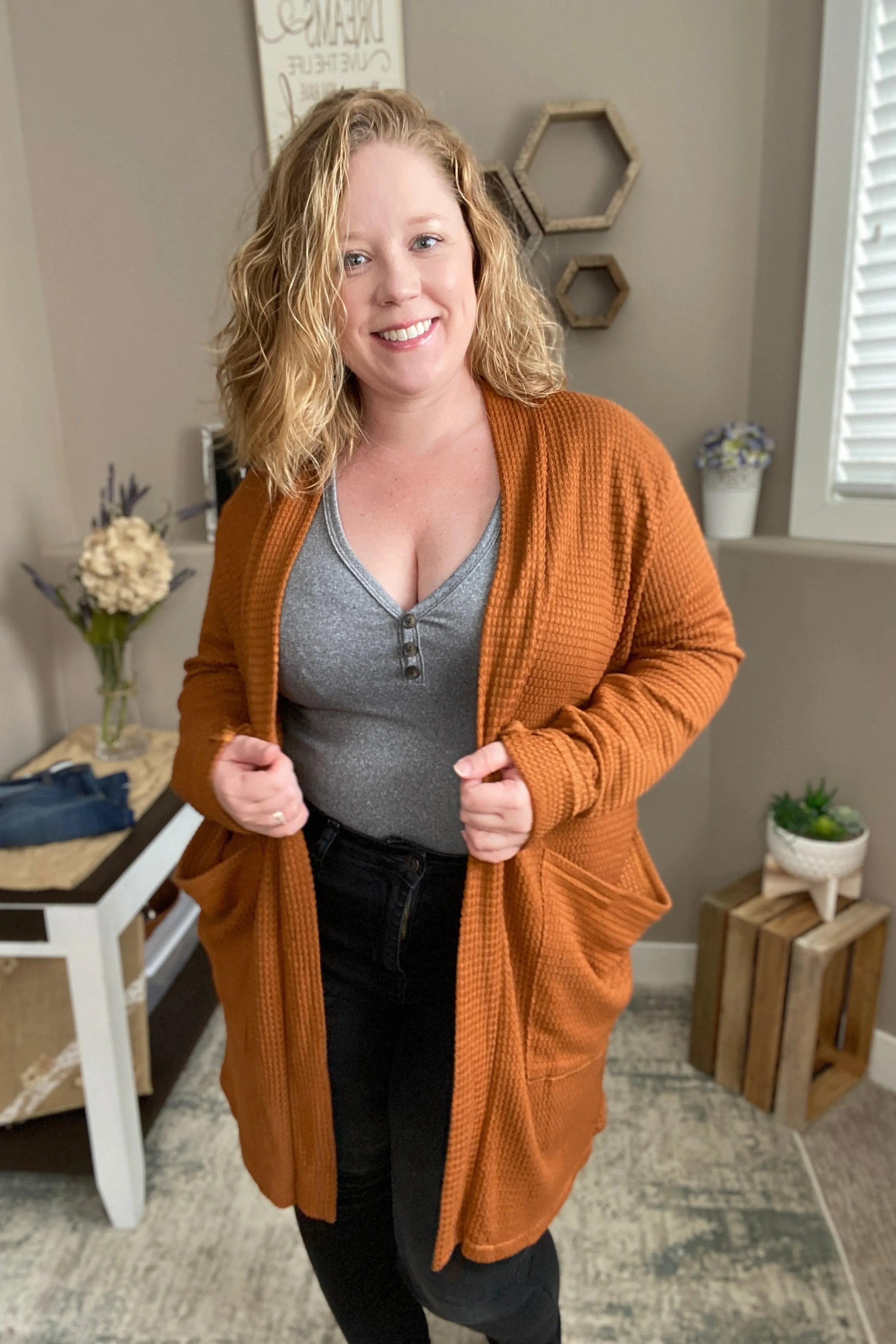 Toffee Waffle Knit Thumbhole Cardigan